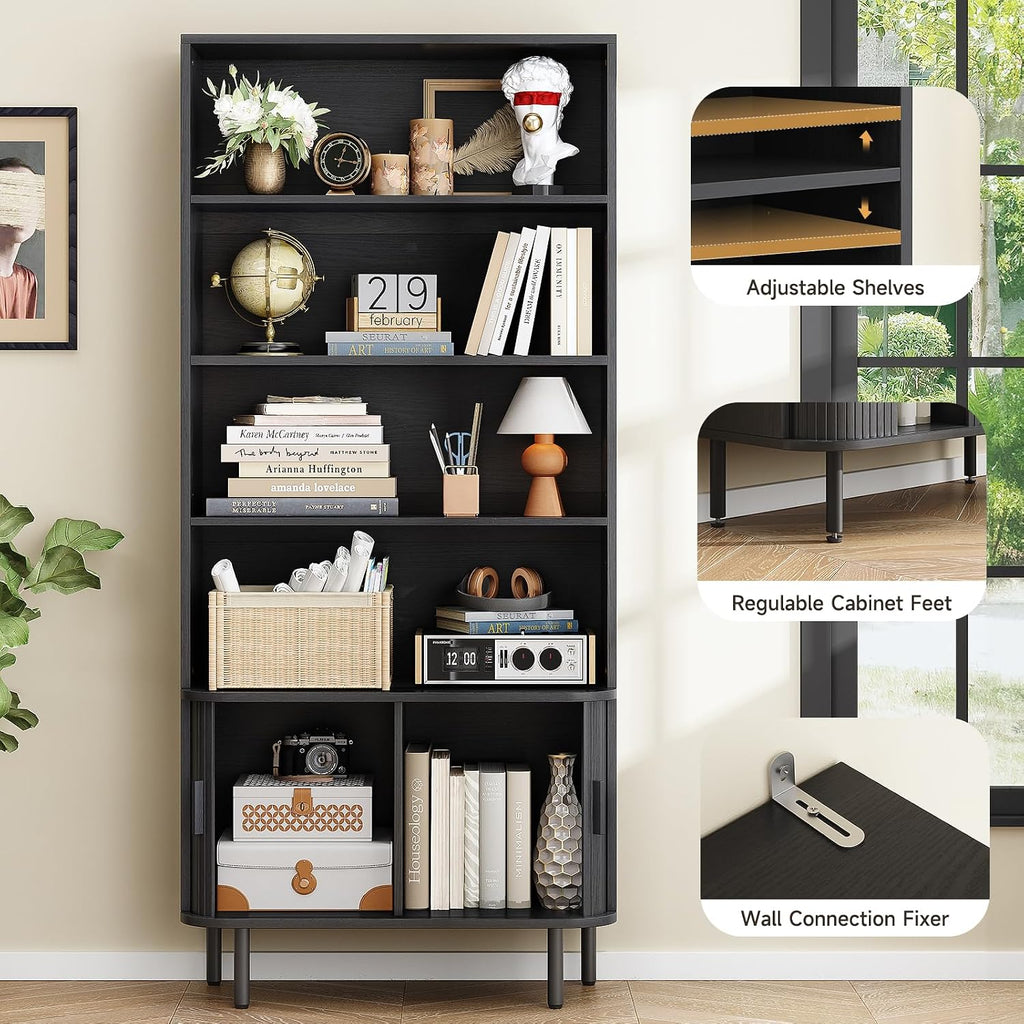 ONBRILL 71' Tall Bookshelf, 4-Tier Bookcase with Storage Cabinet & Adjustable Shelves, Floor Standing Wooden Bookshelf with Sliding Door and Adjustable Footpad, for Home Office, Living Room, Black