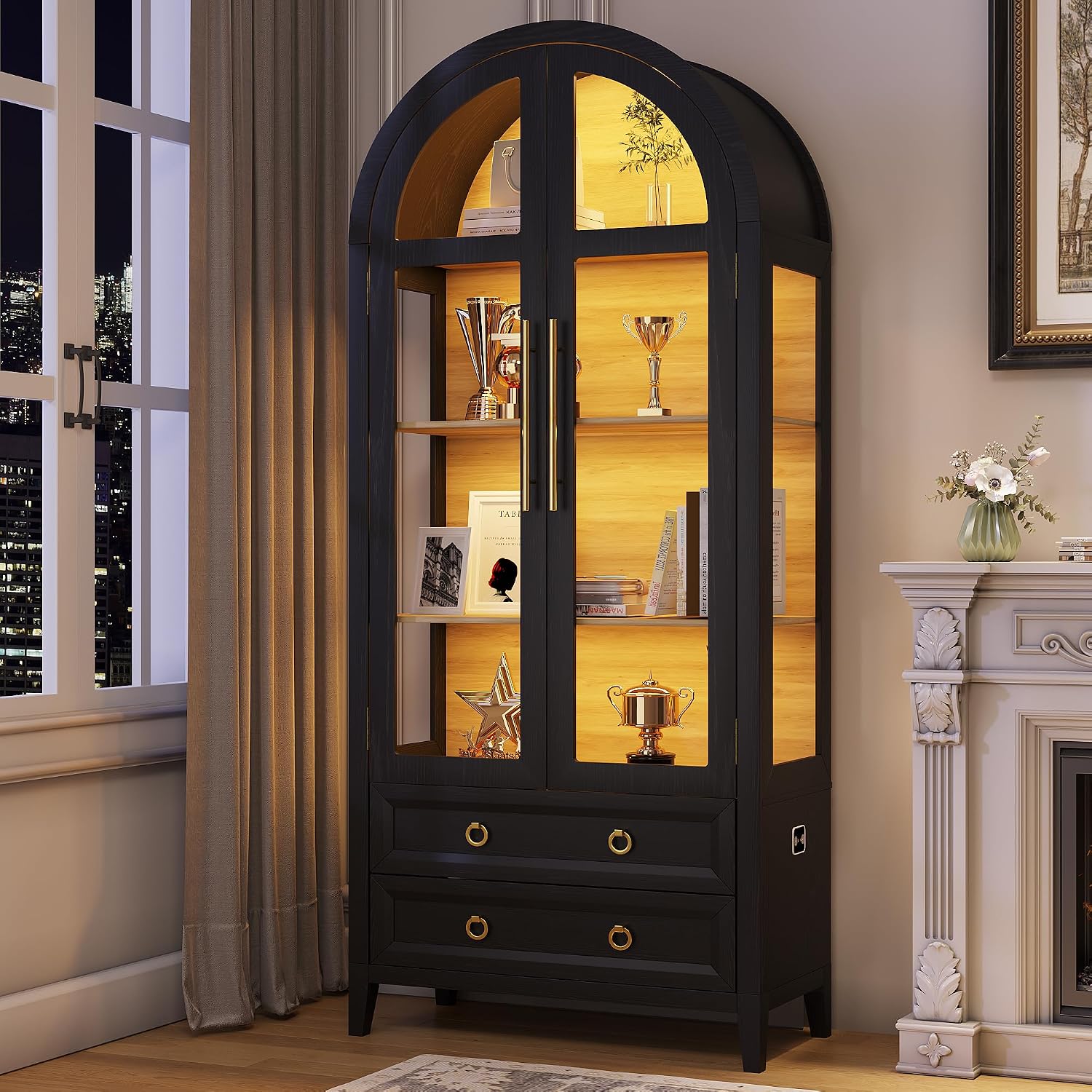 LVSOMT 71' Tall Arched Storage Cabinet with Glass Doors and Drawers, Curio Display Cabinet with Adjustable LED Light & Human Sensor, 4-Tier China Cabinet for Living Room(Black+Wood)