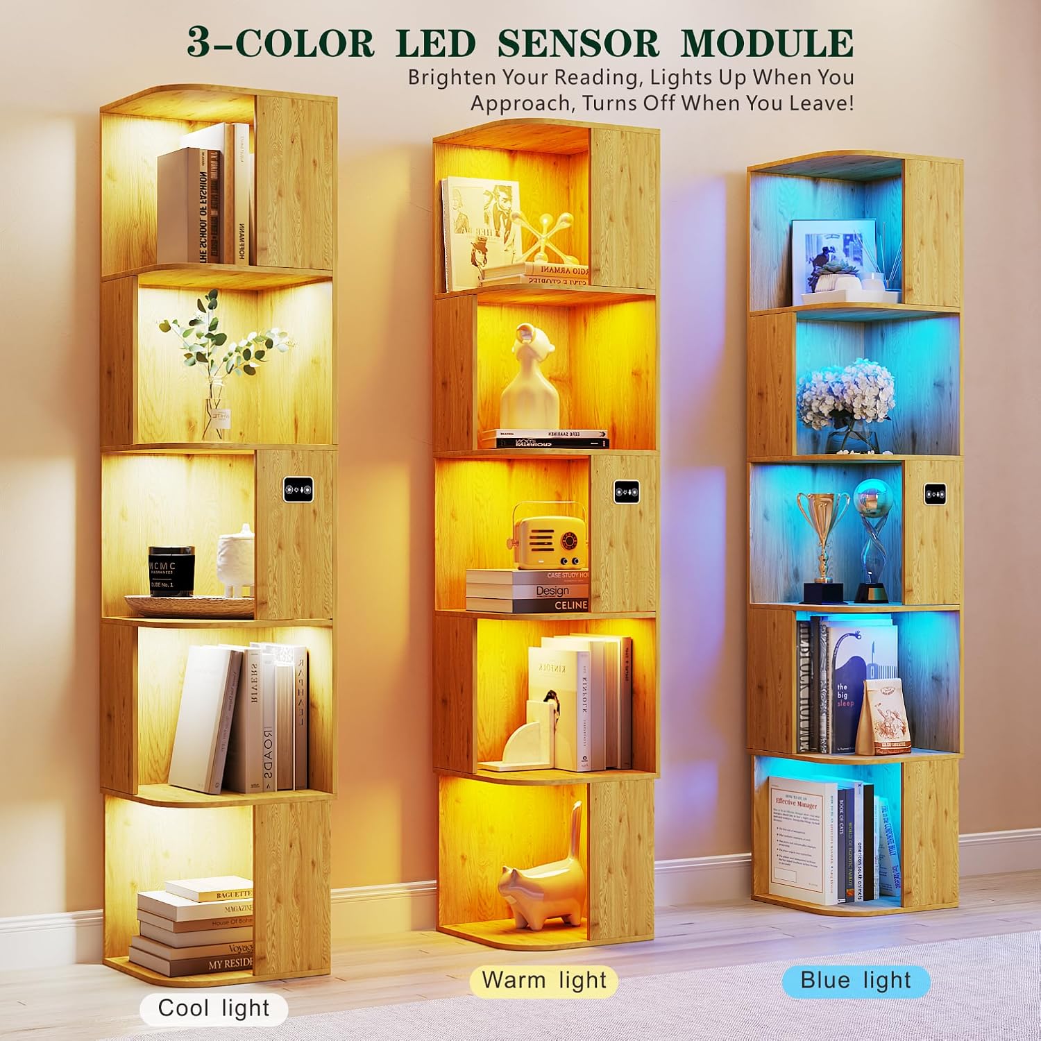 5 Shelf Bookcase - Corner Bookshelf with 3 Colors LED Sensor Lights Modern Cube Storage Organizer for Lego Books Living Room Study Bedroom - Ideal Gift (Wood)