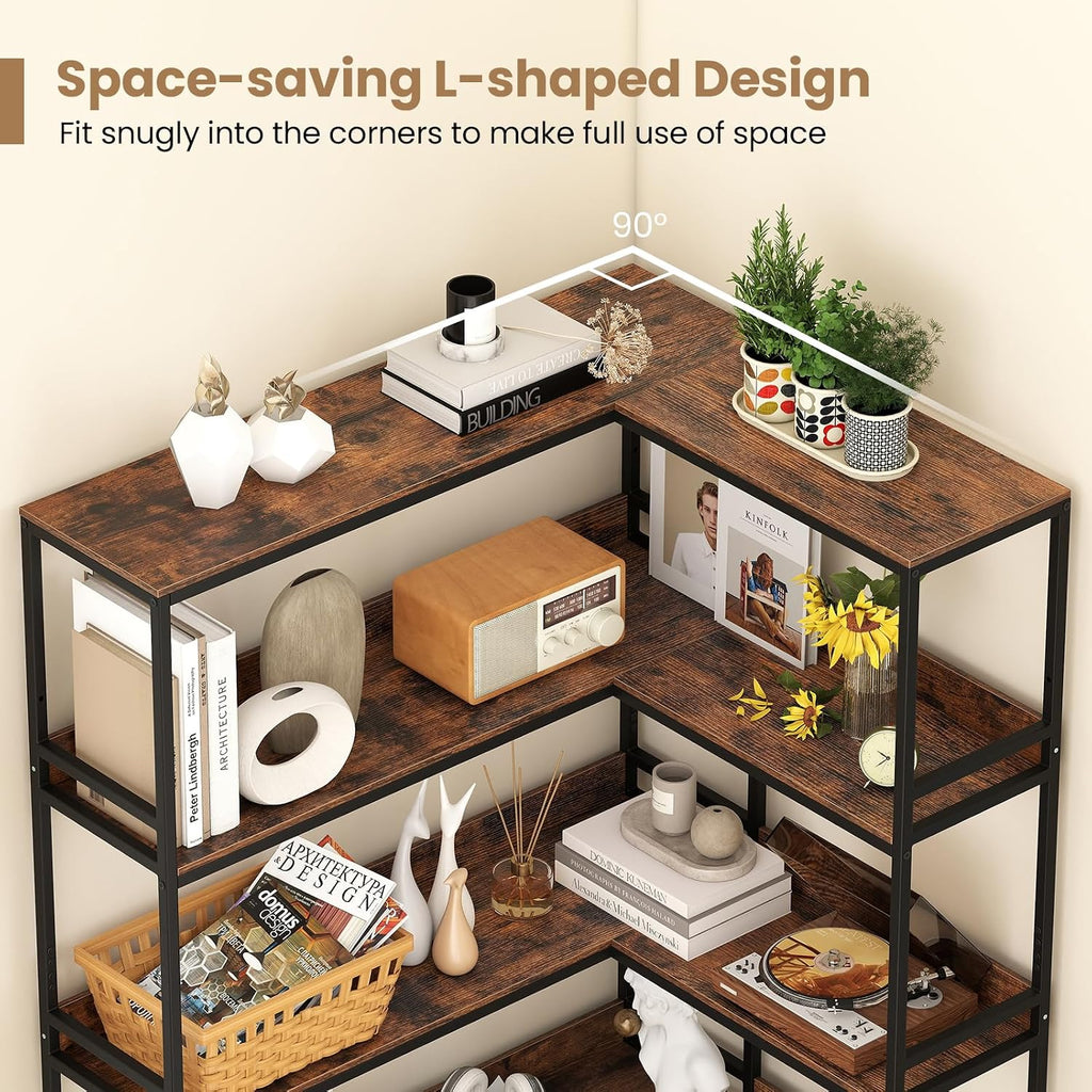 Giantex 5-Tier Corner Bookshelf, 71' L-Shaped Bookcase, Tall Etagere Bookshelf with Metal Frame, Industrial Open Display Shelf, Vertical Storage Rack for Living Room, Study, Office (Rustic Brown)