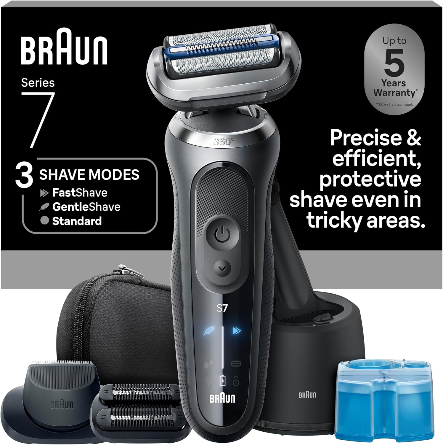 Braun Electric Shaver for Men, Series 7 7185cc, Waterproof, Wet & Dry Shave, Shaving Kit with SmartCare Center and Beard Trimmer, 3 Shave Modes, 60 Minute Battery Runtime, 10 Piece Set