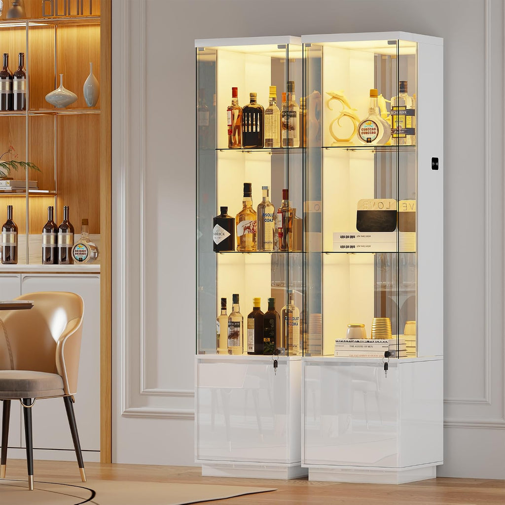 HNEBC Corner Glass Display Cabinet with Lockable&3 Color Lights for Living Room White, Curio Cabinet with Adjustable Glass Shelf for Liquor Figurine Bookcase for Living Room