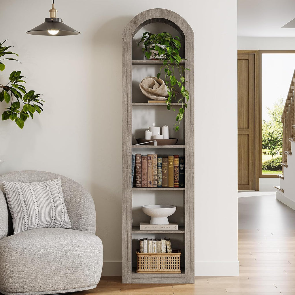 Tribesigns 74.8' Tall Arched Bookshelf, 6-Tier Narrow Open Bookcase, Floor Standing Corner Display Shelves Storage Organizer for Small Space, Home Office, Living Room (Grey, 1 PC)