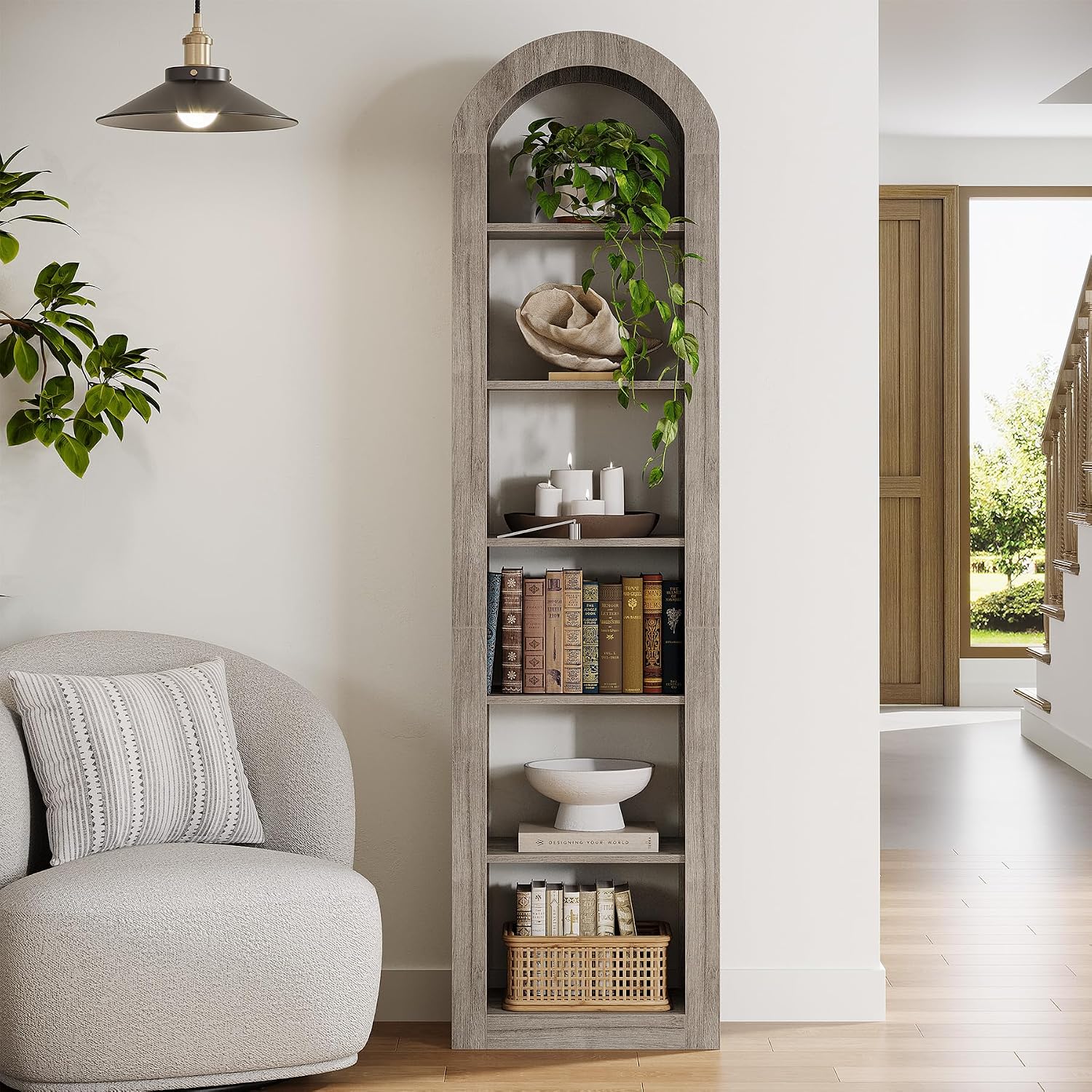 Tribesigns 74.8' Tall Arched Bookshelf, 6-Tier Narrow Open Bookcase, Floor Standing Corner Display Shelves Storage Organizer for Small Space, Home Office, Living Room (Grey, 1 PC)