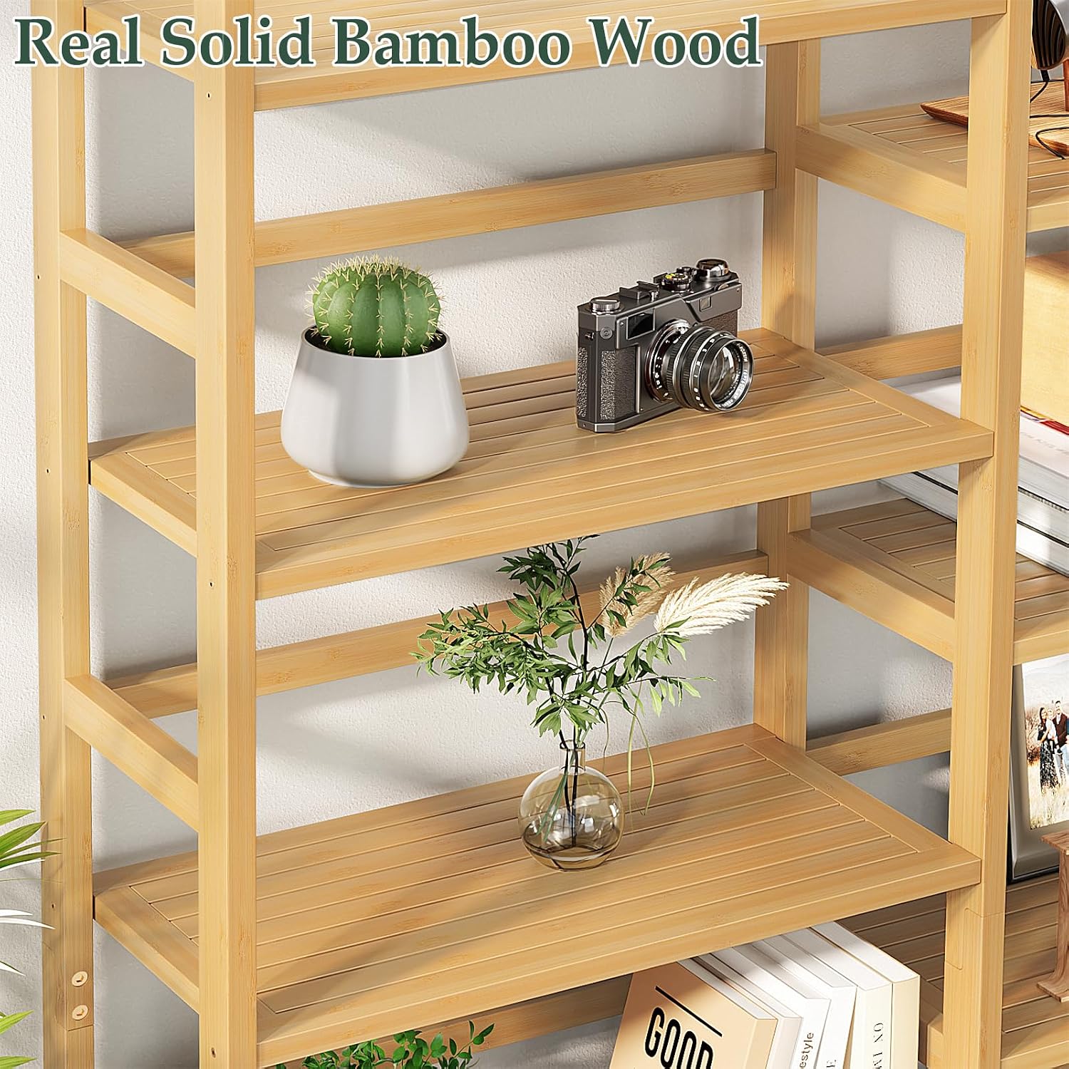 Homykic Bamboo Bookshelf, 71' Tall Triple Wide Bookcase with 17 Open Storage Shelves, 6-Tier Etagere with Back Rails, Large Display Shelf for Books, Plants, Home Office, Living Room, Max Load 748LBS