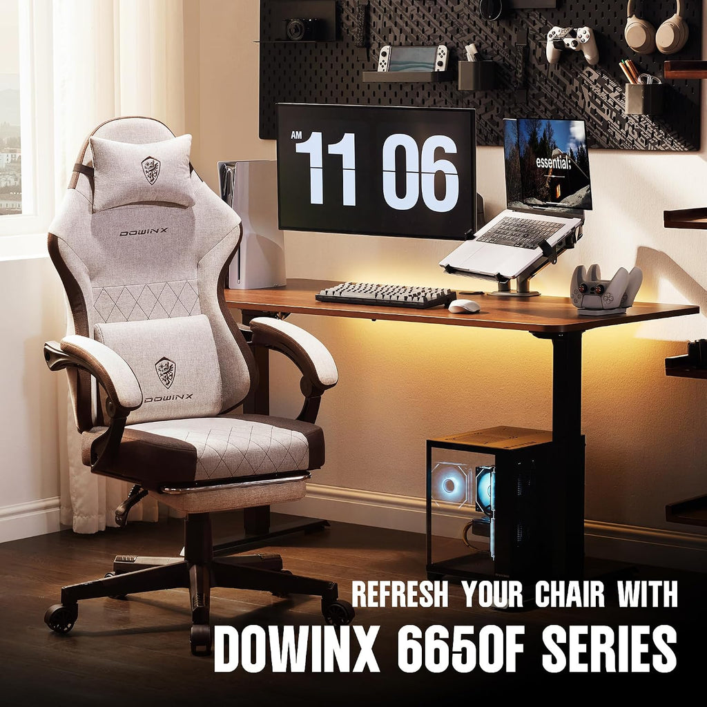 Dowinx Gaming Chair Fabric with Pocket Spring Cushion, High Back Ergonomic Computer Chair with Footrest for Adults, Massage Lumbar Support Swivel Game Chair for Office Gaming 300LBS, Brown