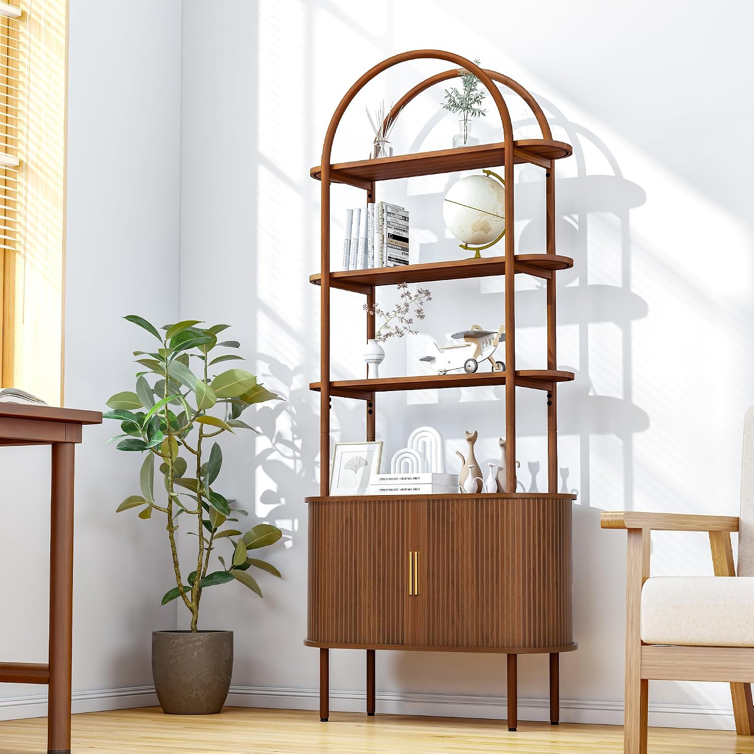 Turtle&Myrtle Tall Arched Bookshelf, Mid Century Modern Fluted Bookcase Cabinet with Sliding Doors, Curved Metal Frame Bookcase, Industrial Storage Display Shelving for Living Room, Bedroom (Walnut)