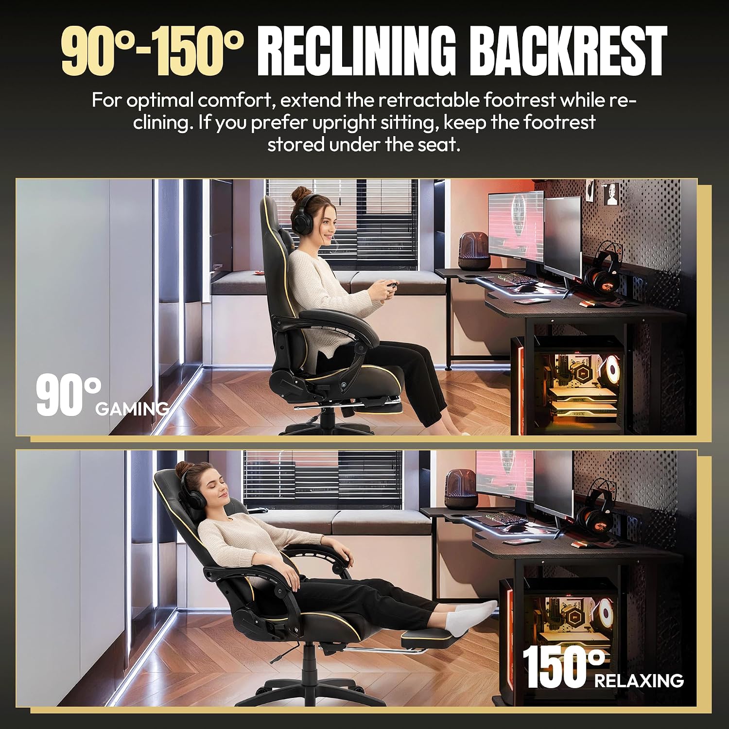 Dowinx Big and Tall Gaming Chair 350LBS, Racing Style Ergonomic Computer Chair with Side-Mounted Recline Control, Footrest & Massage Lumbar, High Back Chair with Embroidered Design for Work, Black