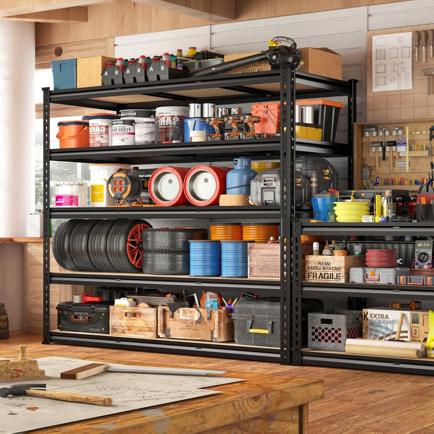 REIBII 48' W Garage Shelving 3020LBS Storage Shelves 5 Tier Industrial Shelving Adjustable Metal Storage Shelves for Garage, Basement, Warehouse, Commercial, Easy Assemble, 48' W x 72' H x 24' D, 2PC