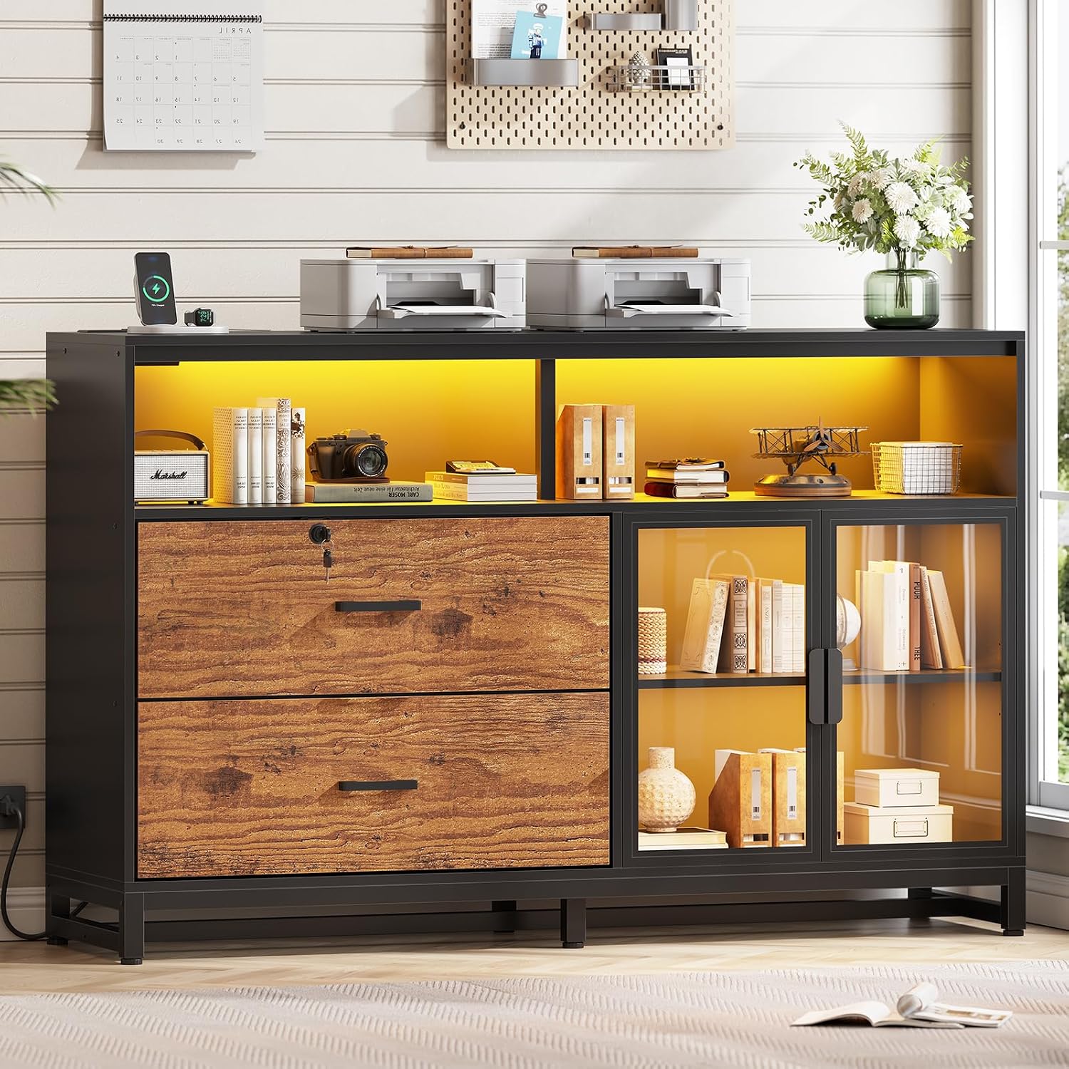 SEDETA 59' File Cabinet, 2 Drawers Filing Cabinets for Home Office fit Legal/Letter/A4 File, File Cabinet with Lock & Power Outlets, Printer Stand with Storage & LED Lights, Rustic Brown