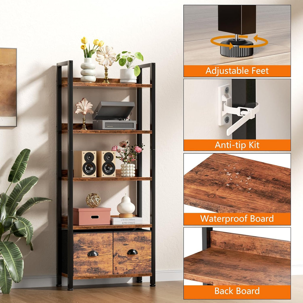 Furologee 5-Tier Bookshelf Set of 2,Tall Bookcase with 2 Drawers and Shelves, Industrial Display Free Standing Shelf Units, Storage Rack Organizer for Bedroom, Living Room, Home Office, Rustic Brown