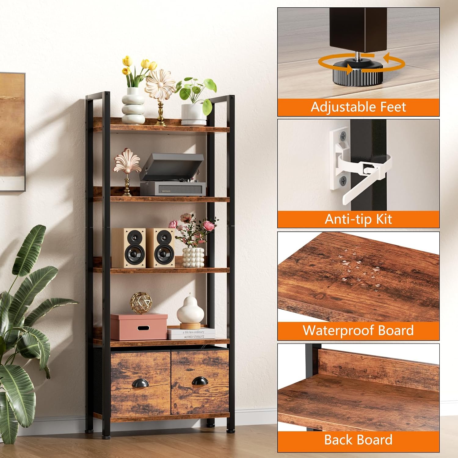 Furologee 5-Tier Bookshelf Set of 2,Tall Bookcase with 2 Drawers and Shelves, Industrial Display Free Standing Shelf Units, Storage Rack Organizer for Bedroom, Living Room, Home Office, Rustic Brown