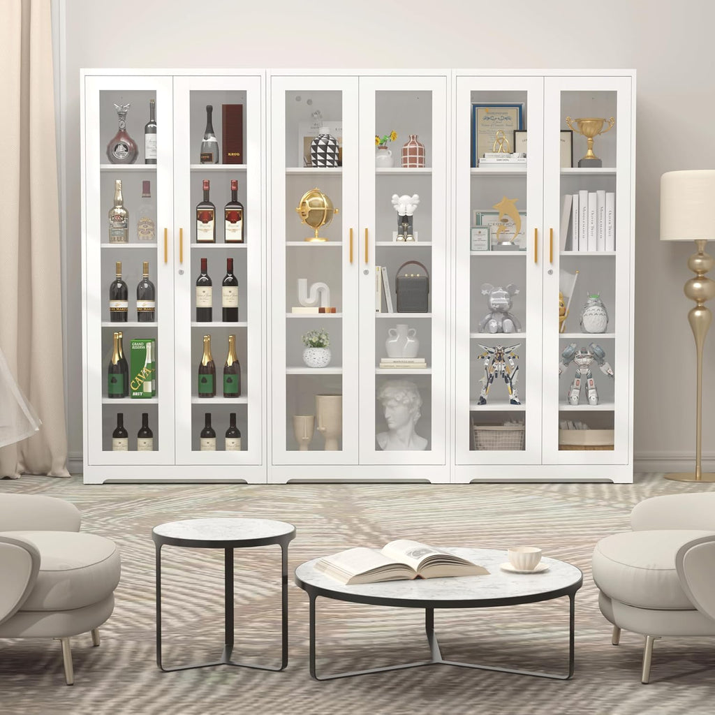 SteeLoong 71' Glass Display Cabinet with Lock,Curio Cabinet with Glass Doors, Metal Display Case with 4 Adjustable Shelves, White Bookcase Locking Storage Cabinets for,Liquor,Plant,Commercial