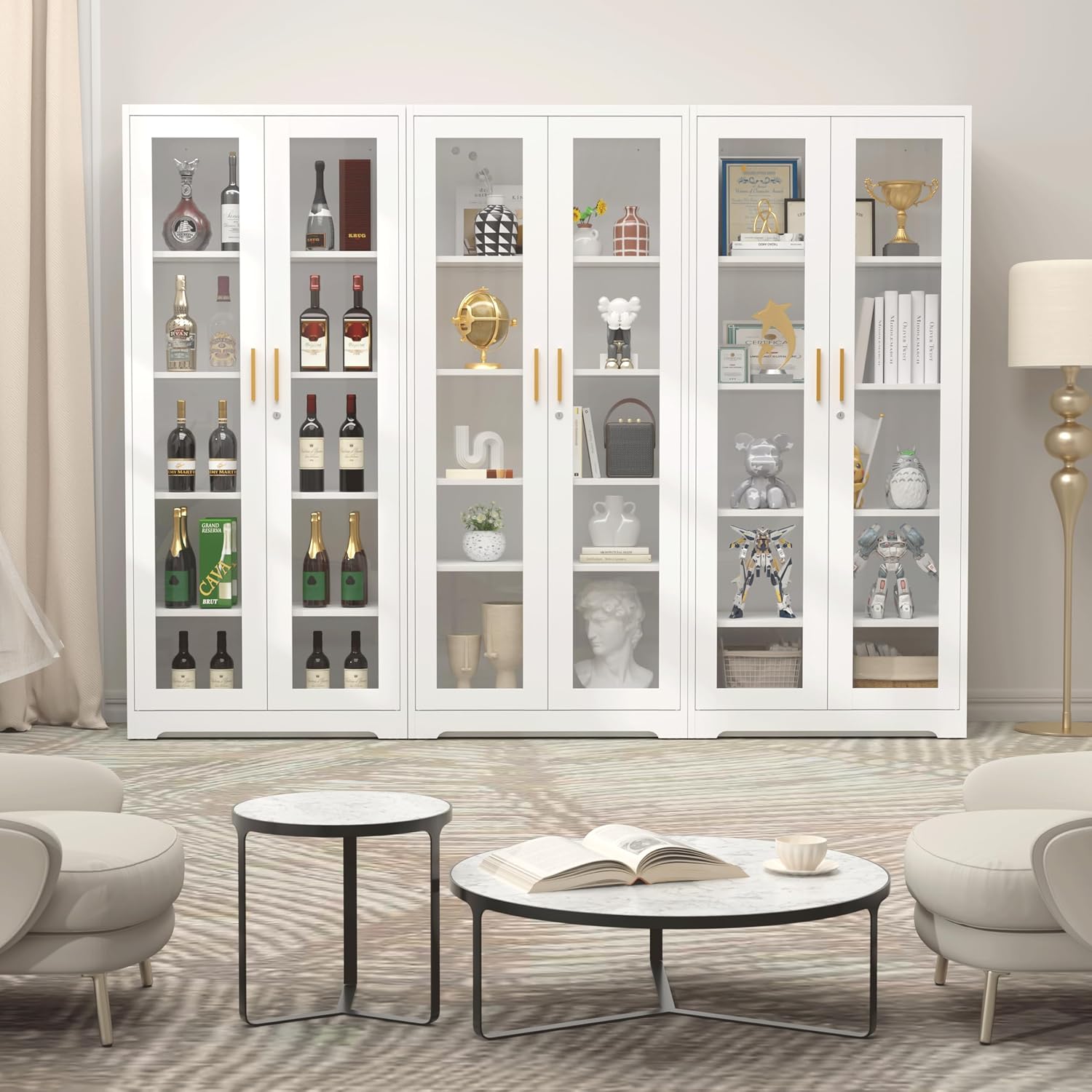 SteeLoong 71' Glass Display Cabinet with Lock,Curio Cabinet with Glass Doors, Metal Display Case with 4 Adjustable Shelves, White Bookcase Locking Storage Cabinets for,Liquor,Plant,Commercial