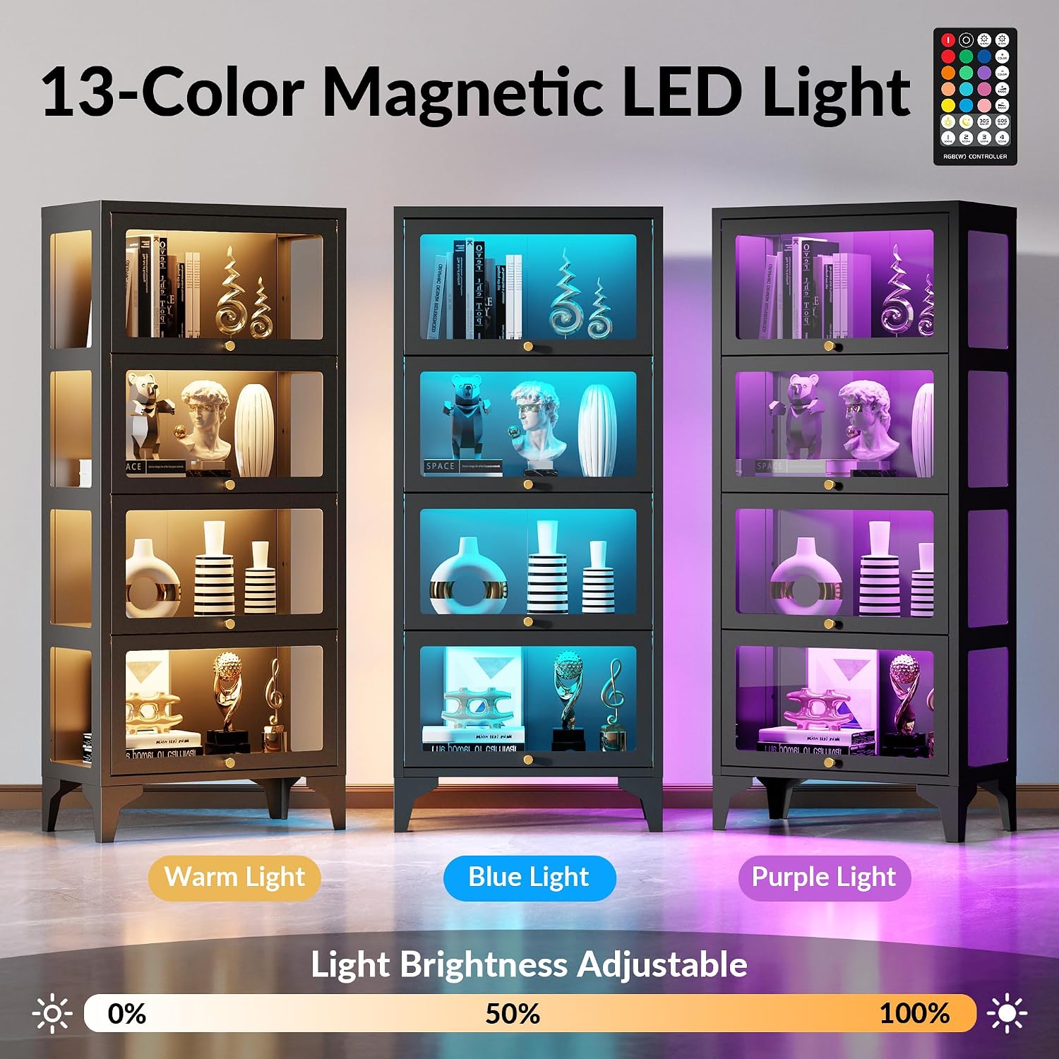 Lucky Monet 4 Tier Curio Display Cabinet with 13-Color LED Lights & Flip-Up Glass Doors, 3-Side Glass Lighted Display Case for Collectibles, Figures, Books, 55' Metal Storage Cabinet, Black