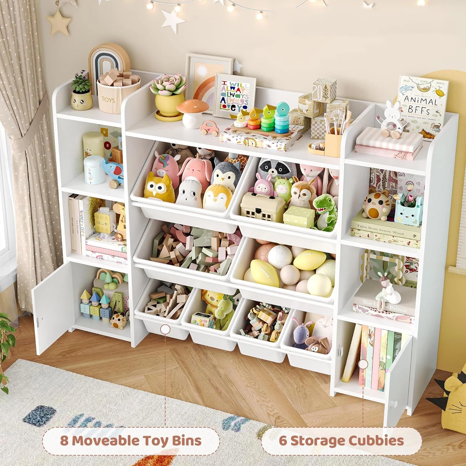 FOTOSOK Toy Storage Organizer with 8 Toy Bins, 55''Large Toy Organizers and Storage with Top Shelf, Toy Storage and Kids Bookshelf with 6 Storage Cubbies, Playroom Storage and Organization Bins, White