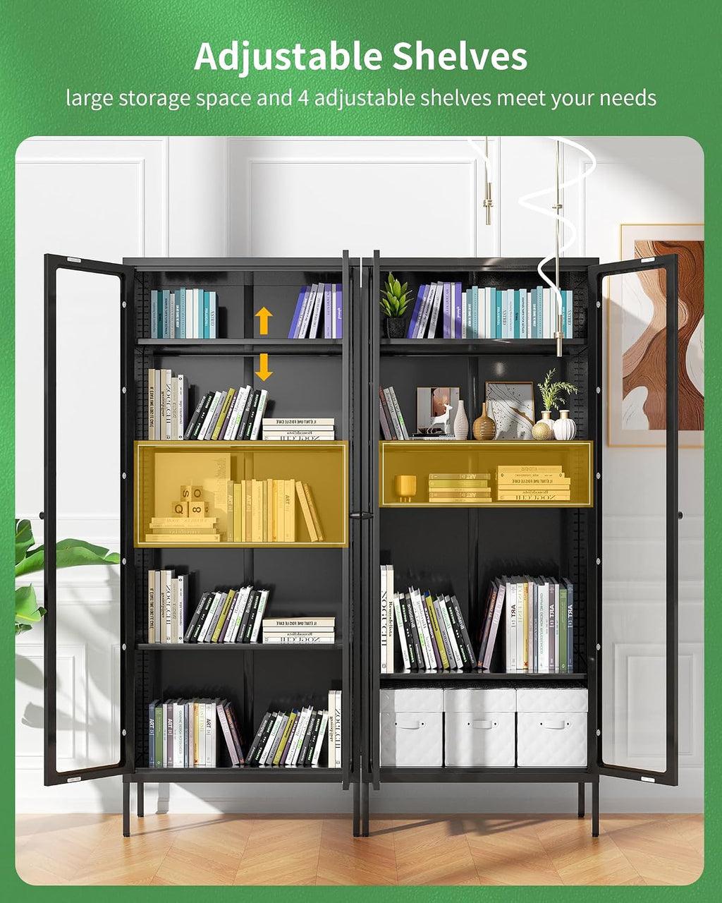 Greenvelly 67' Metal Display Cabinet with Doors and 4 Shelves, Black Glass Display Storage Cabinets for Collectibles, Tall Curio Cabinet with Glass Doors for Home Office, Living Room, Pantry