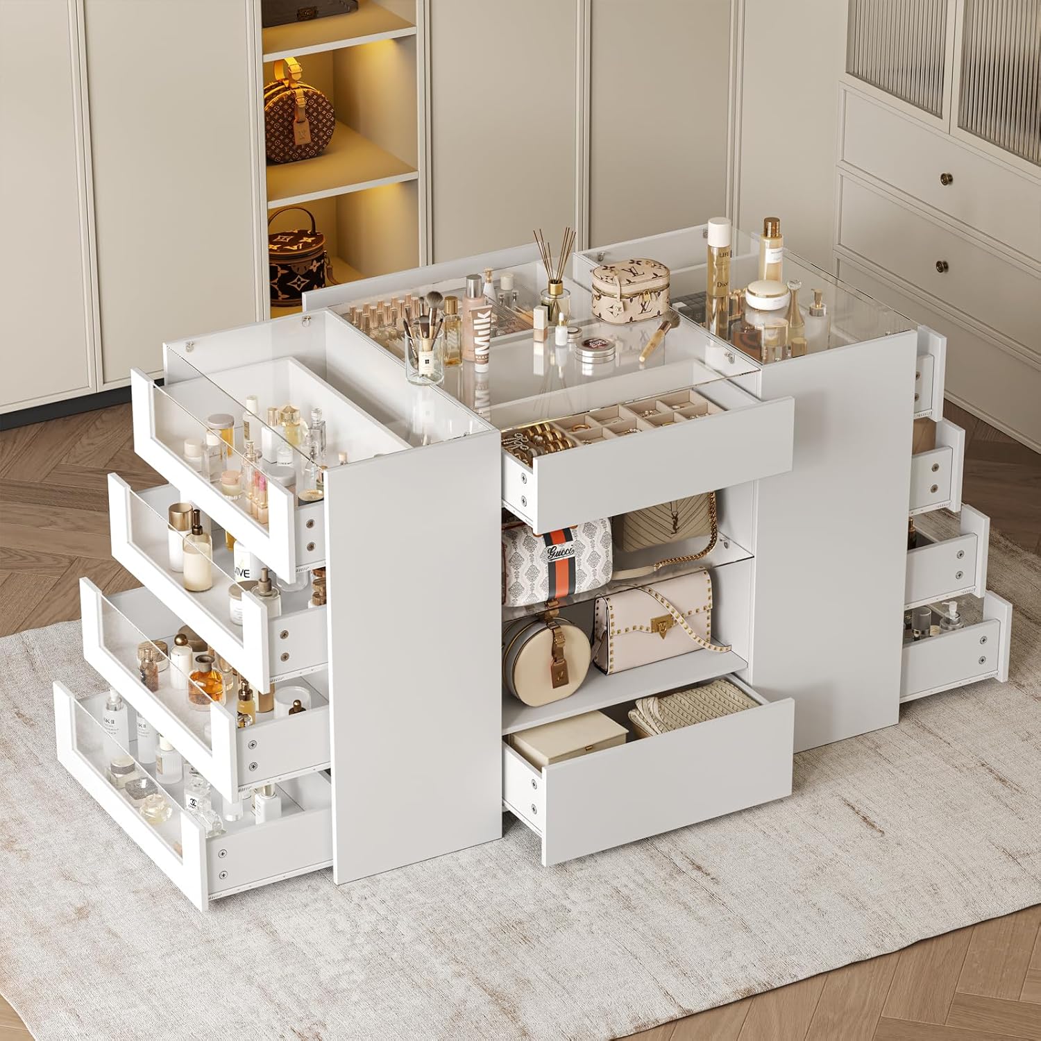 LIVAUVEAD Closet Island with Drawers, Wardrobe Armoire Bedroom Island, Glass Display Shelf & 12 Drawers, White Dresser with Glass Top, Walk-in Closet Island for Bedroom, Cloakroom