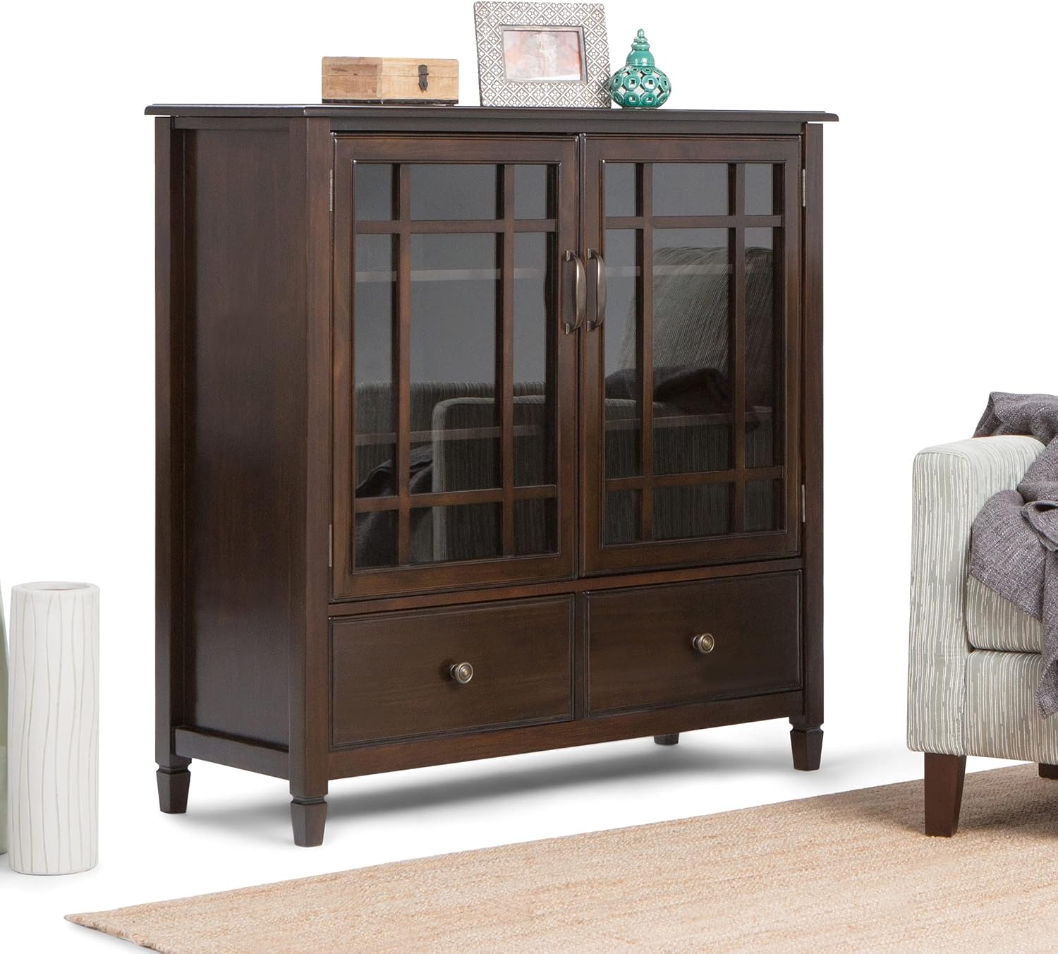 SIMPLIHOME Connaught Storage Cabinet - 46 inch Wide Solid Wood Tall Cabinet in Dark Chestnut Brown, Traditional Console for Living Room or Dining Room with Glass Doors, Adjustable Shelves, and Drawers