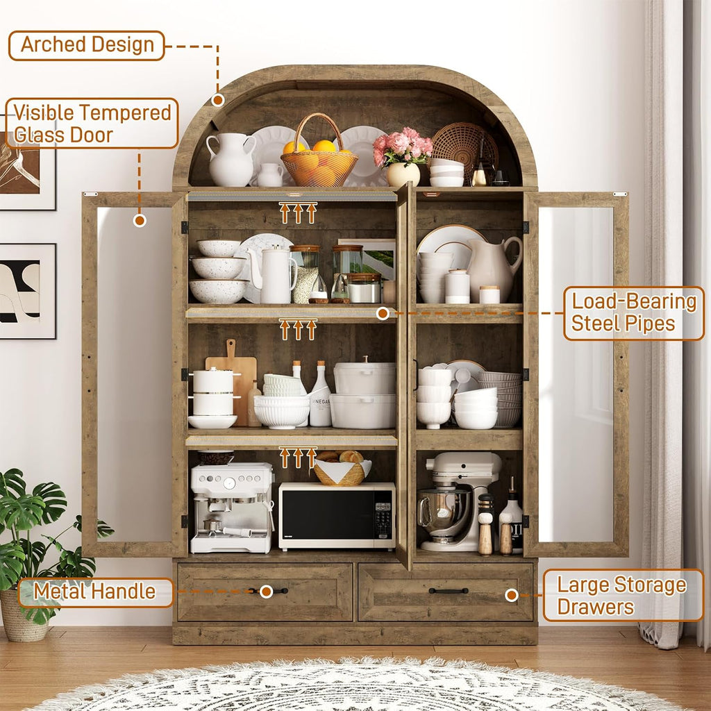 chartustriable 73' Tall Arched Kitchen Pantry Cabinet w Load-Bearing Steel Pipe,Modern Farmhouse Kitchens Storage Cabinet with Drawer and Glass Doors,Tall Arched Bookcase,Pantry Organizer(Natural)