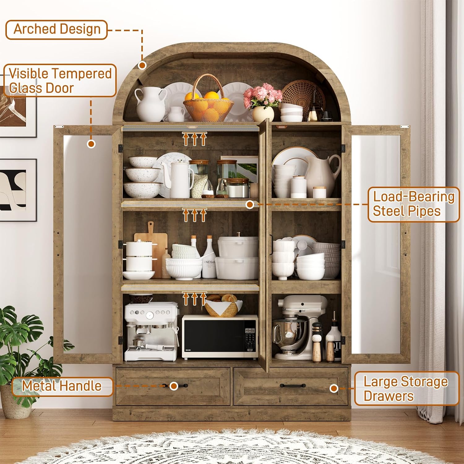 chartustriable 73' Tall Arched Kitchen Pantry Cabinet w Load-Bearing Steel Pipe,Modern Farmhouse Kitchens Storage Cabinet with Drawer and Glass Doors,Tall Arched Bookcase,Pantry Organizer(Natural)
