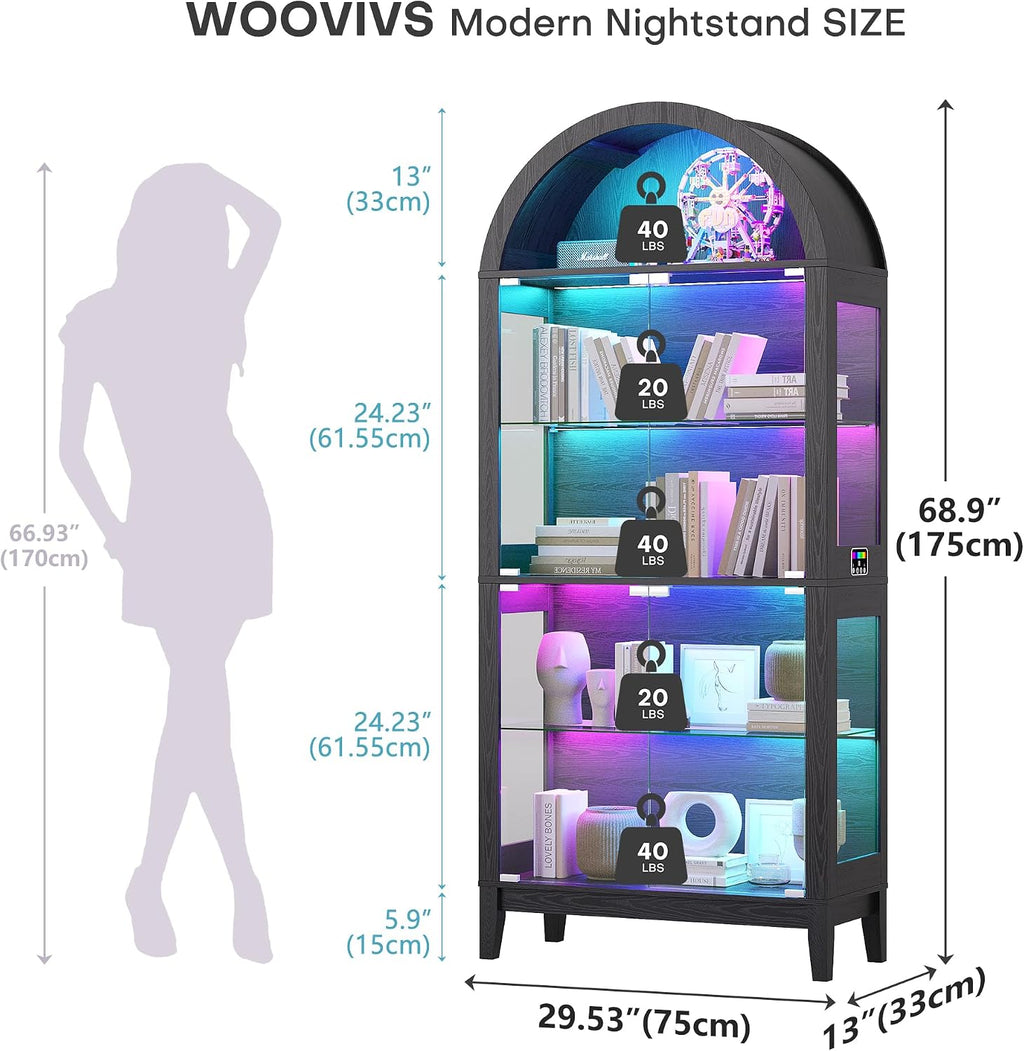 WOOVIVS Glass Display Cabinet with RGB Lights, 69' Tall Curio Cabinet with Rebound Tempered Glass Door, 5-Tier Adjustable Display Case for Living Room (Black)