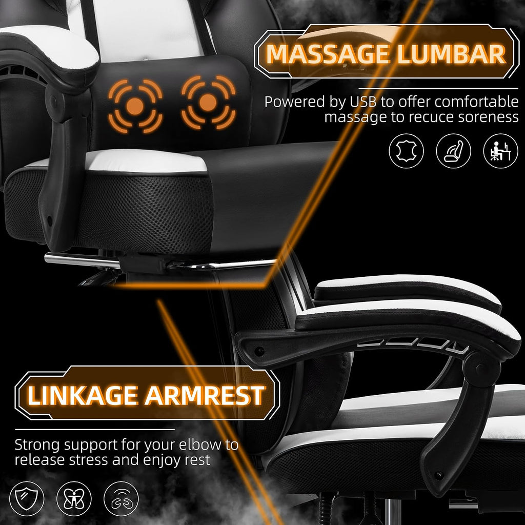 Shintenchi Gaming Chair,Video Game Chair with footrest and Massage Lumbar Support,Height Adjustable Game Chair with 360°Swivel Seat Ergonomic Computer Chair with Headrest for Office or Gaming(White)