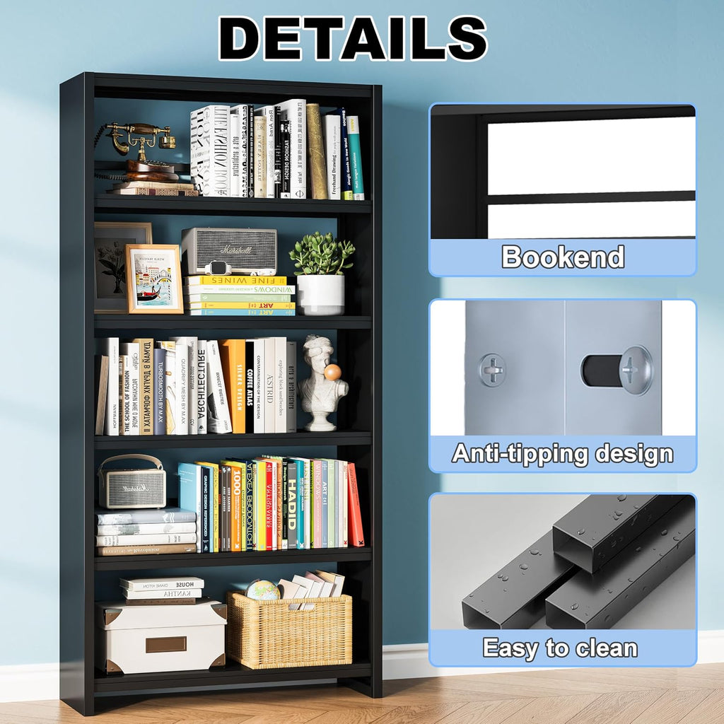 5 Tier Metal Bookshelf, Black 69' Tall Bookcase, Large Heavy Duty Book Shelves, Industrial Wide Book Shelves, Display Storage Shelves for Library Bedroom Living Room Office