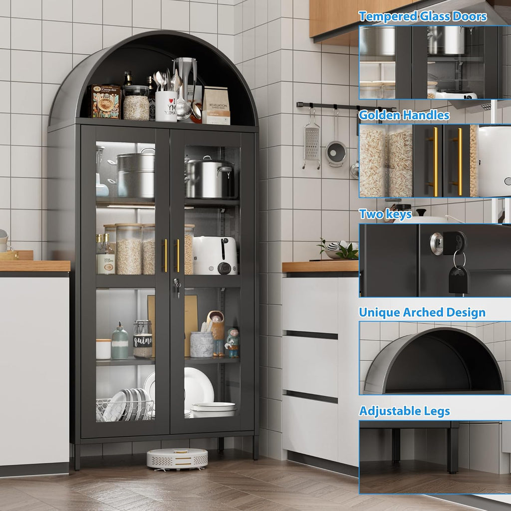 78.74' H Metal Arched Cabinet with Lock and LED Light, Metal Curio & Liquor Display Cabinet with Glass Doors and Adjustable Shelves for Dining Room, Home, Assembly Required,Black