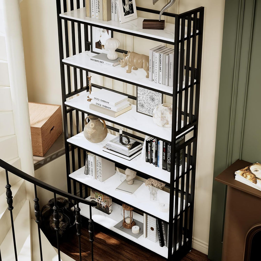 Tall Metal Bookshelf, Modern Industrial Open Bookcase with 6 Shelves, Freestanding Storage & Display Shelf for Living Room, Home Office, Apartment, Black Frame