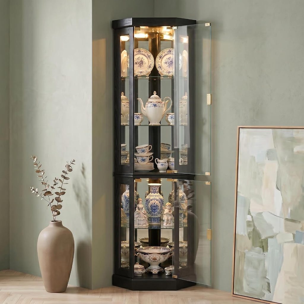 Casaphoria 70' Lighted Corner Curio Cabinet with Glass Doors, Tall Display Cabinet for Collectibles with Mirrored Back and Adjustable Shelves for Living Room and Liquor Storage (Black)