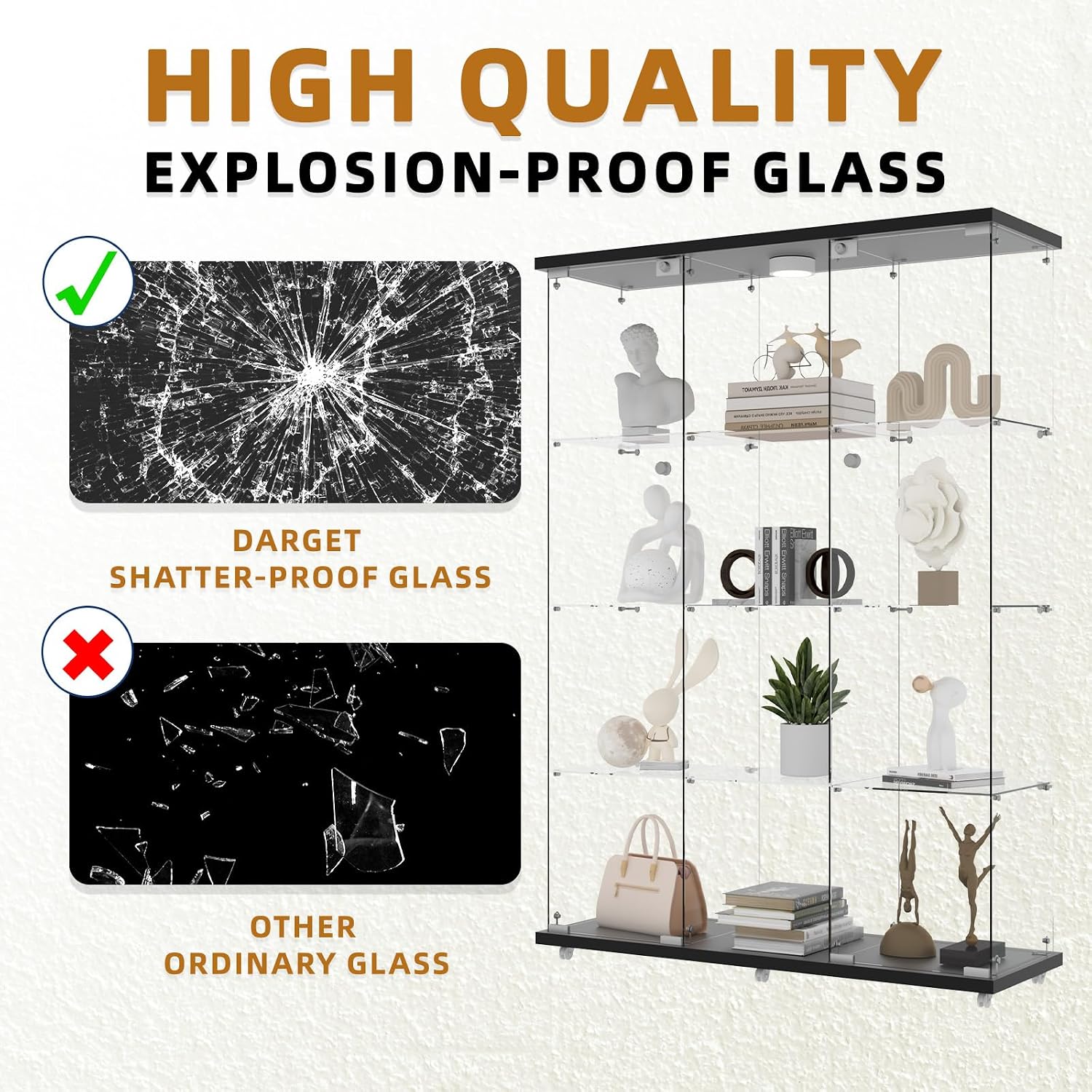 Glass Display Cabinet 12 Shelves with 2 Doors,Middle Open Display, Locking,LED Push Lights with Remote Control,4mm Tempered Glass Floor-to-Ceiling Glass Bookcase for Bedroom, Living Room,Black