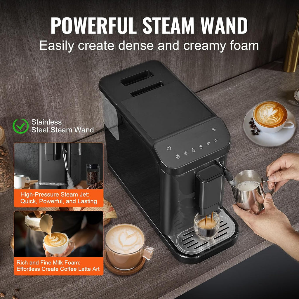 VEVOR Automatic Espresso Machine, 20 Bar Auto Coffee Machine with Frother Steam Wand, Built-In Grinder and 15-Level Grinding Settings, Professional Espresso Coffee Maker with 1.5L Water Tank