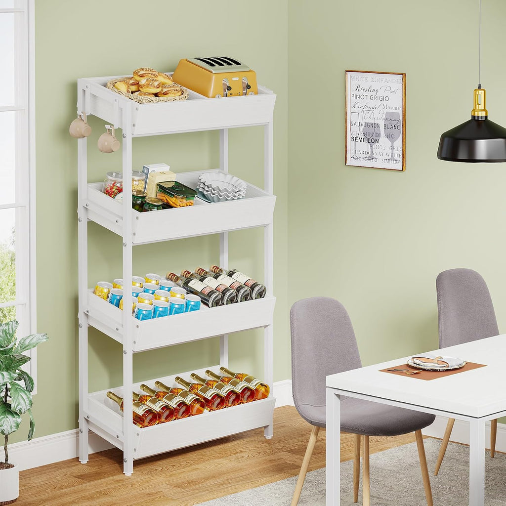 Tribesigns Wood Fruit and Vegetable Basket Stand Rack for Kitchen, Office, Store, Supremarket, Pantry Shelf Unit for Snacks, 4-Tier Wooden Utility Storage Shelves (White)