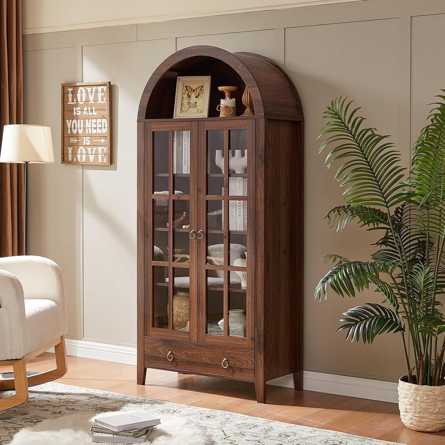 RowyPoey Farmhouse Arched Cabinet with Glass Doors, Wood Display Cabinet with Drawer and Adjustable Shelves, 71' Tall Bookshelf Modern Storage Kitchen Pantry for Living Room,Office (Walnut, 2 PCS)