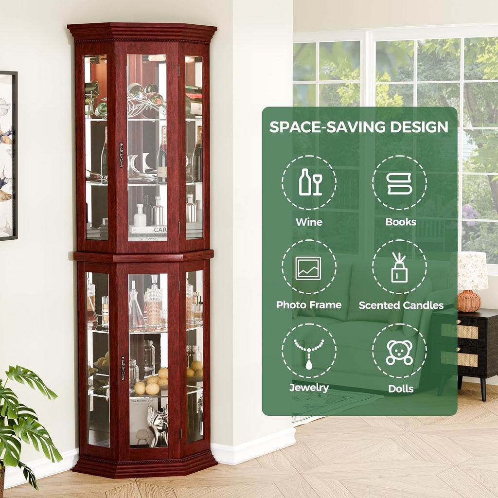 70' H Lighted Corner Display Cabinet, Wooden Storage Display Case with Tempered Glass Doors, Accent Cabinet with Adjustable Shelves for Living Room, Cherry