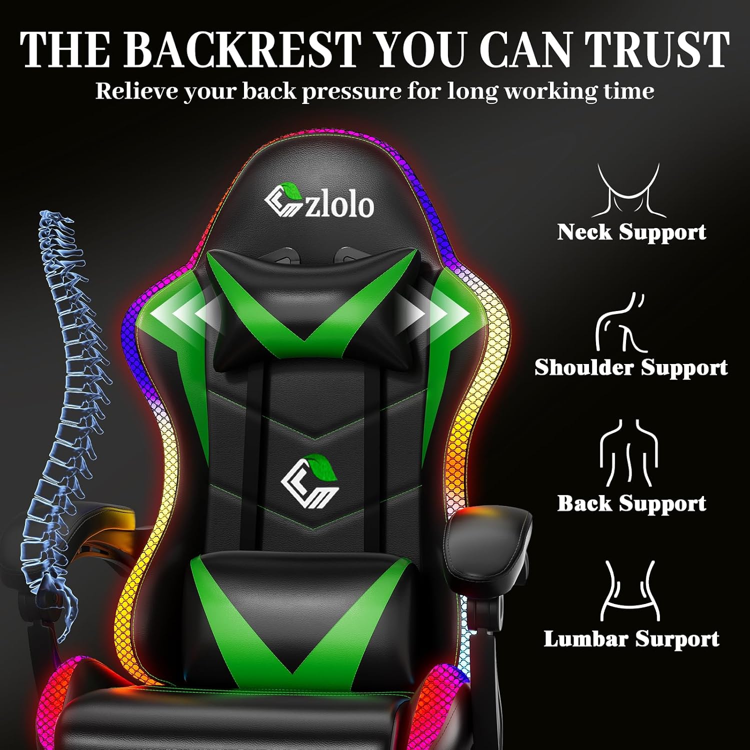 Czlolo Gaming Chair, Racing Style RGB LED Lights Gaming Chairs for Adults and Kids, Lumbar Massager Gamer Chair, High Back Reclining Computer Chair with Footrest and Headrest (Black/Green)