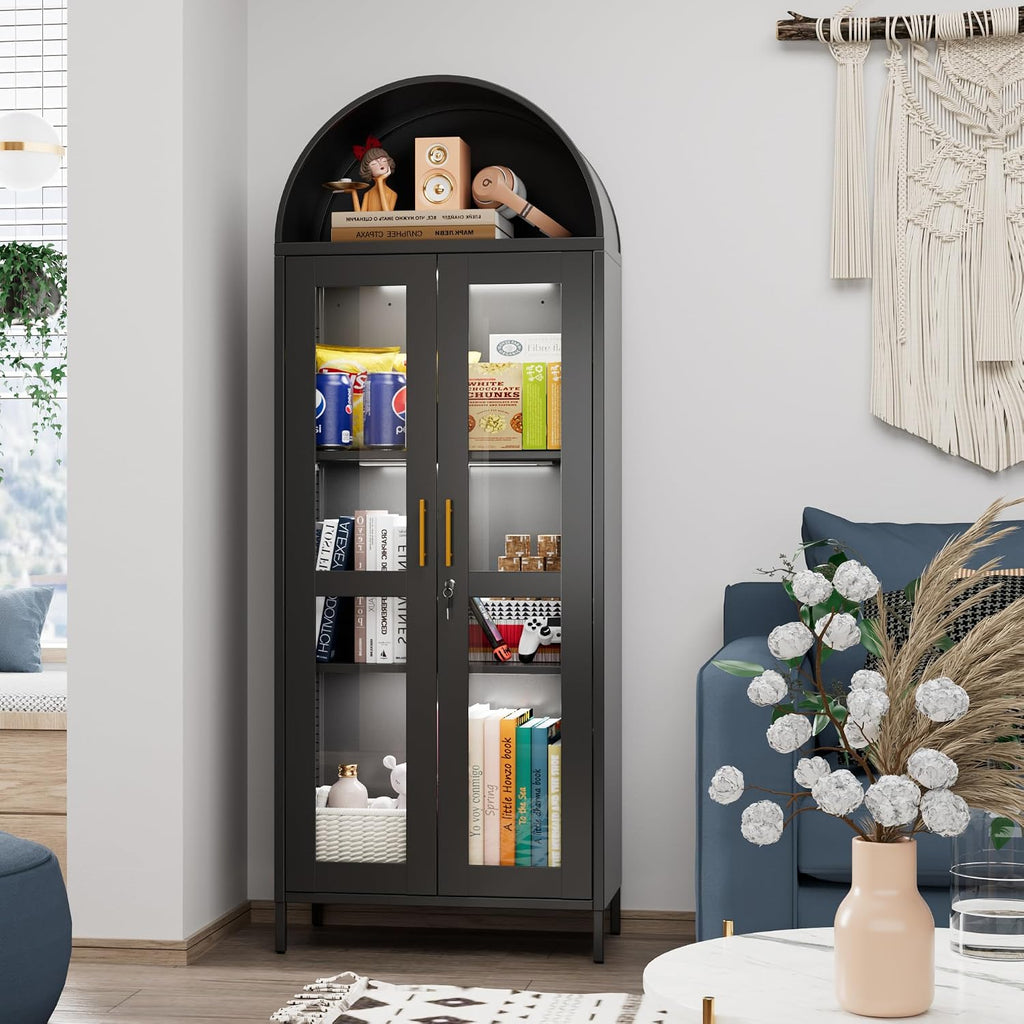 Metal Arched Display Cabinet with 3 Lights,Lockable Arch Cabinet with Glass Doors and 2 Adjustable Shelf for Home Office,Assembly Required,Black, 72.83' H×27.6' W×13.8' D