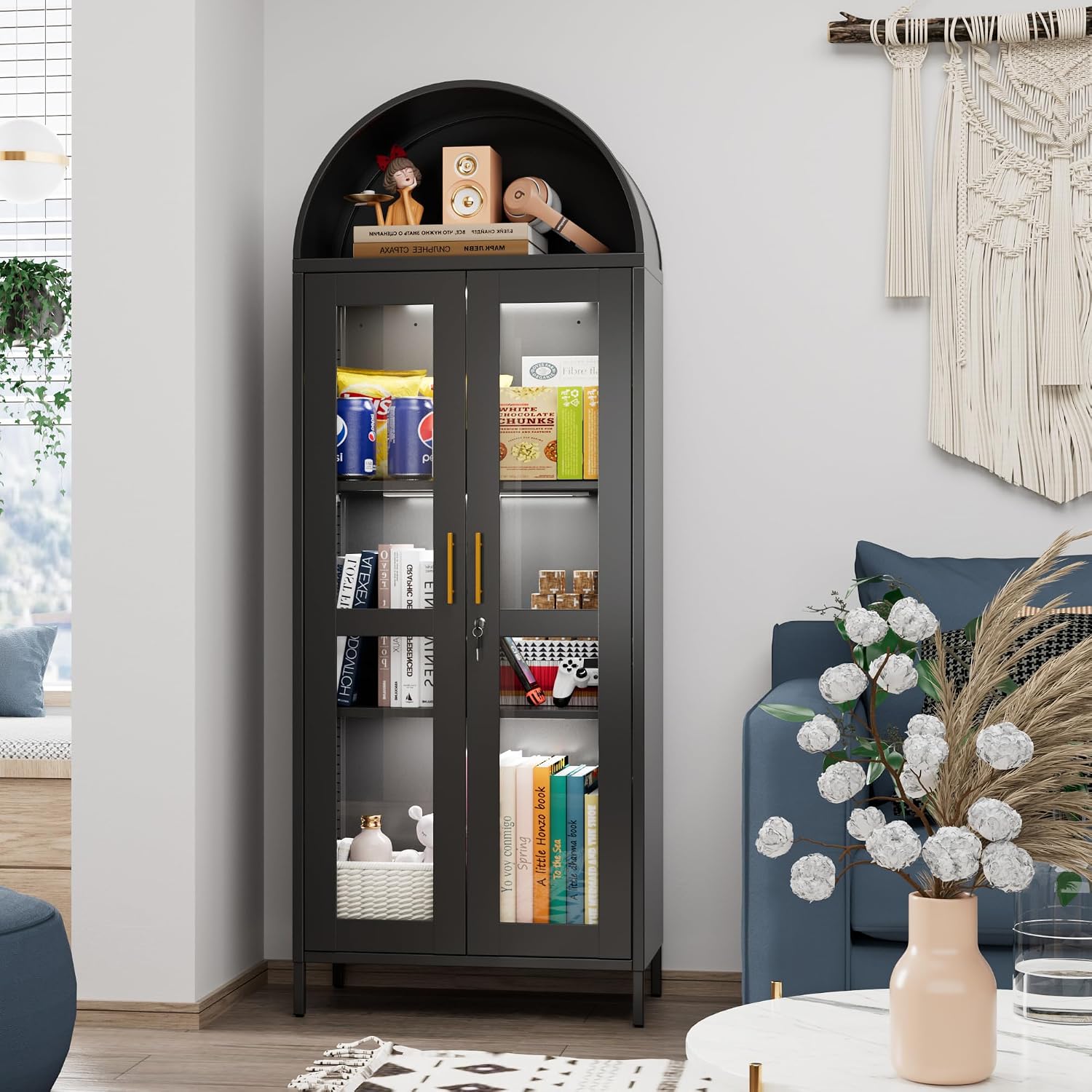 Metal Arched Display Cabinet with 3 Lights,Lockable Arch Cabinet with Glass Doors and 2 Adjustable Shelf for Home Office,Assembly Required,Black, 72.83' H×27.6' W×13.8' D