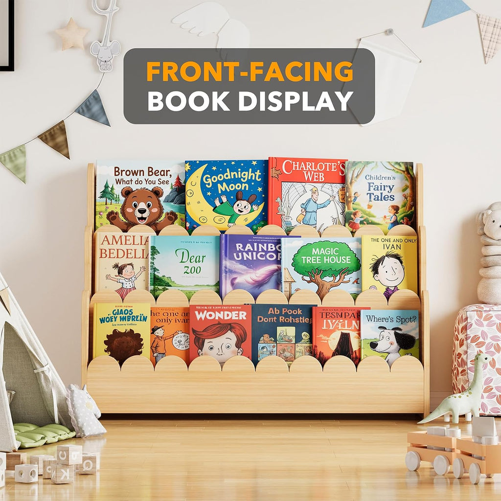 SpaceAid 3-Tier Scalloped Bookshelf, Montessori Bookcase for Toddlers, Wooden Book Shelf Organizer Display Furniture for Kids Rooms, Playroom, Nursery and Classroom, 36.7' Wide, Natural