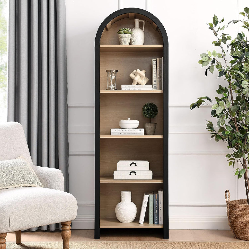 Modway Evie Modern Arched Narrow Bookcase in Black - 71 Inch Open Shelf Display Cabinet - Stylish 5-Tier Bookshelf for Living Room, Dining Room, or Home Office