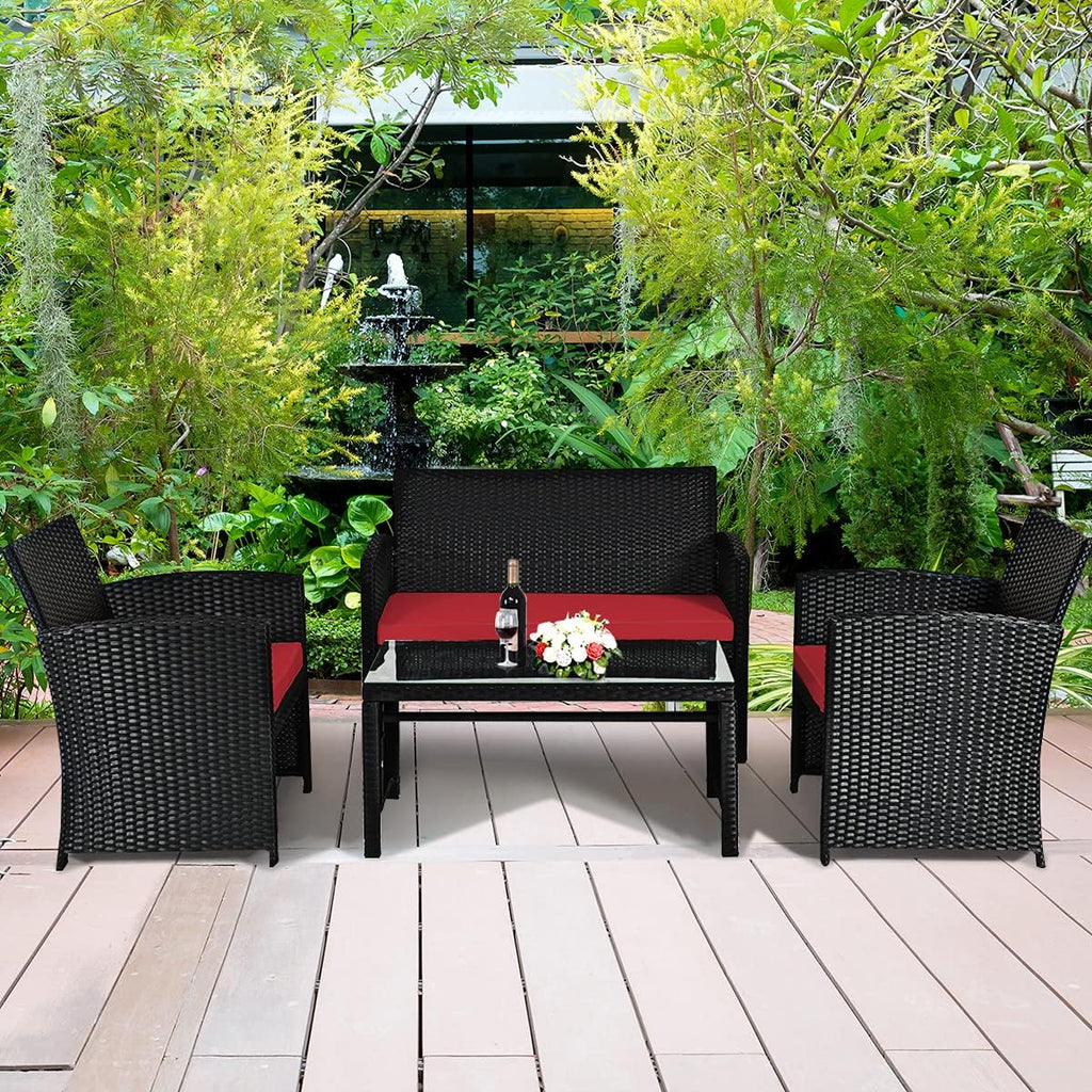 Tangkula Patio Wicker Conversation Furniture Set, Patiojoy Sofa & Table Set w/4 Seats, Outdoor Rattan Sofa Set for Balcony Backyard, Wicker Chair Set with Tempered Glass Coffee Table (1, Red)