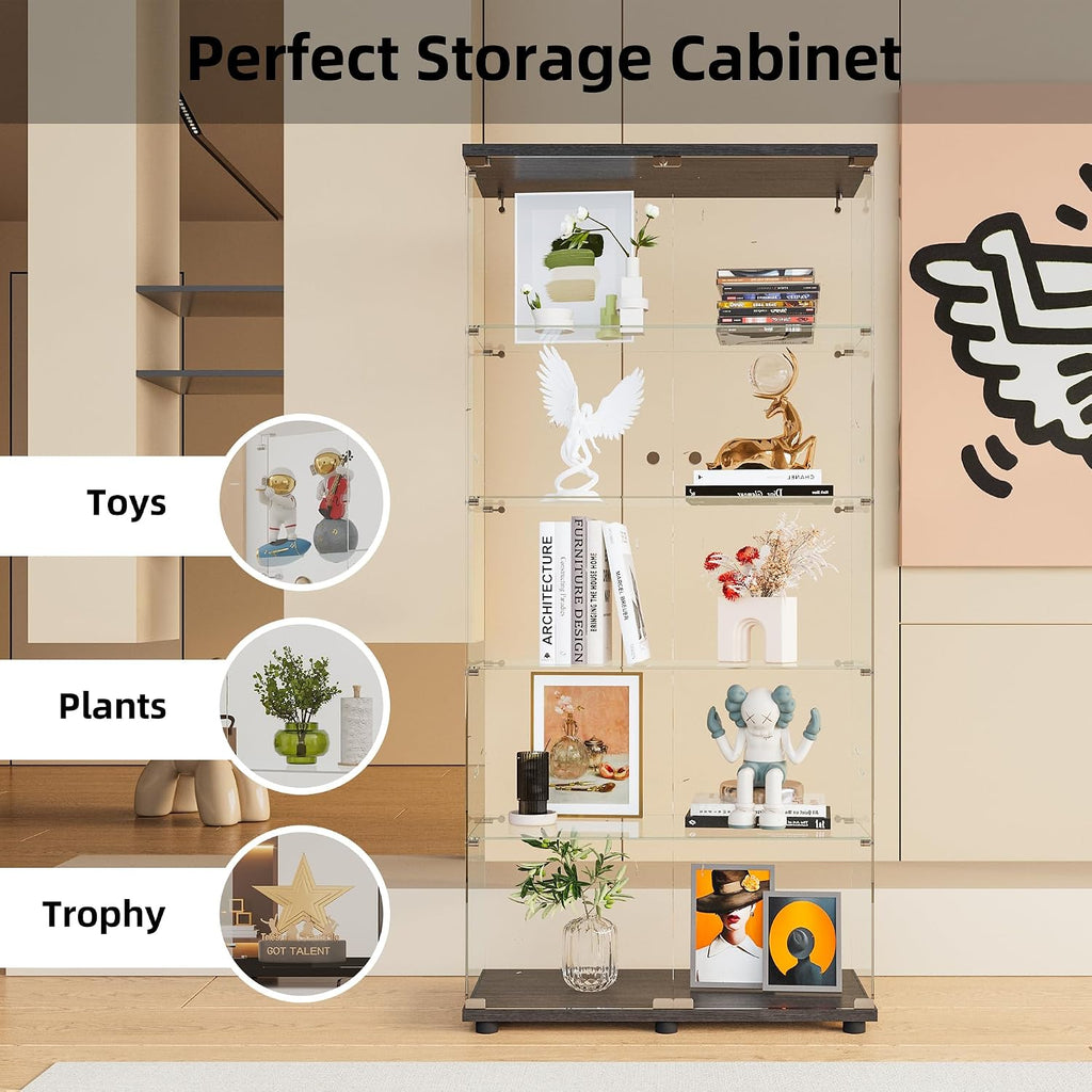 Beauty4U Glass Display Cabinet with 5 Shelves Double Door, Curio Cabinets for Living Room, Bedroom, Office, Black Floor Standing Glass Bookshelf, Quick Installation