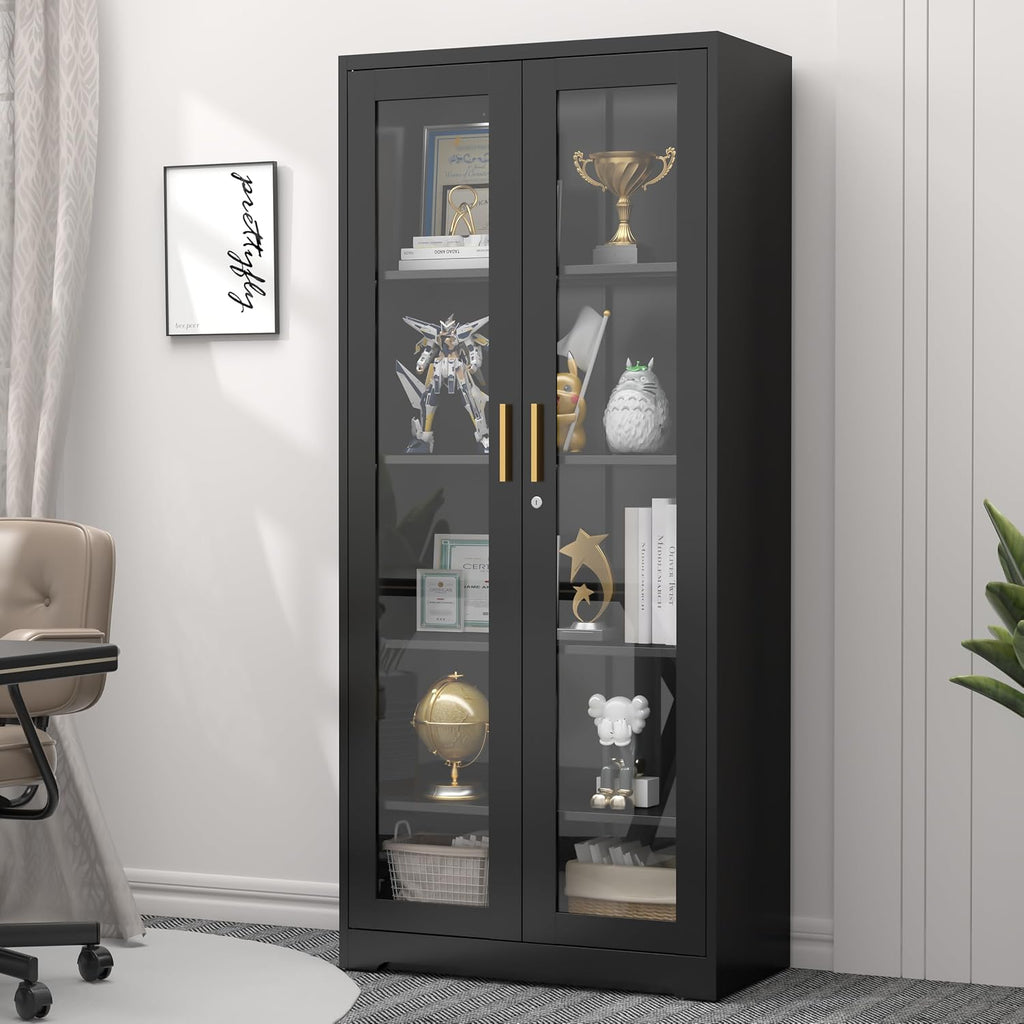 SteeLoong 71' Glass Display Cabinet with Lock,Curio Cabinet with Glass Doors, Metal Display Case with 4 Adjustable Shelves, Black Bookcase Locking Storage Cabinets for,Liquor,Commercial