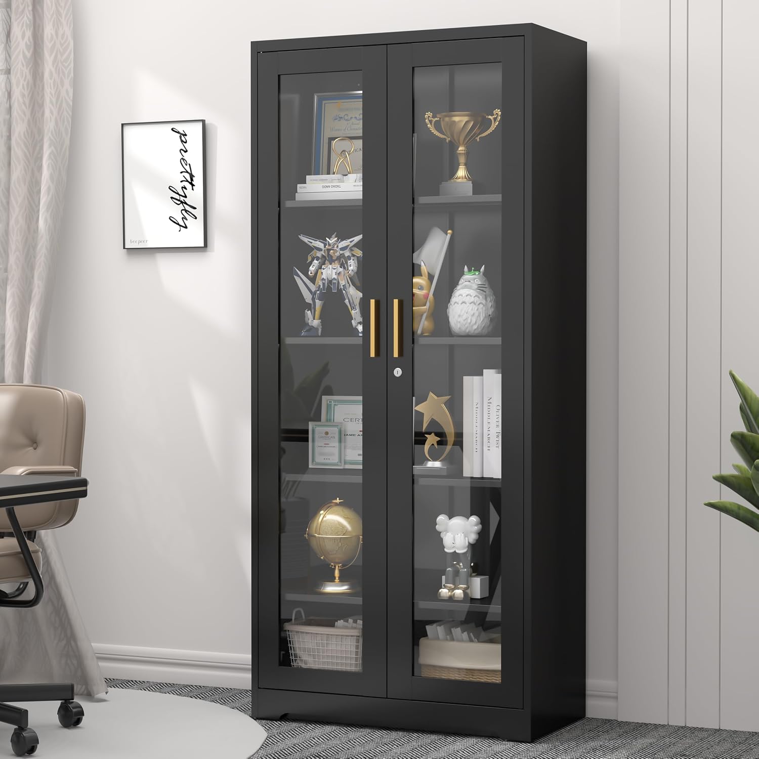 SteeLoong 71' Glass Display Cabinet with Lock,Curio Cabinet with Glass Doors, Metal Display Case with 4 Adjustable Shelves, Black Bookcase Locking Storage Cabinets for,Liquor,Commercial