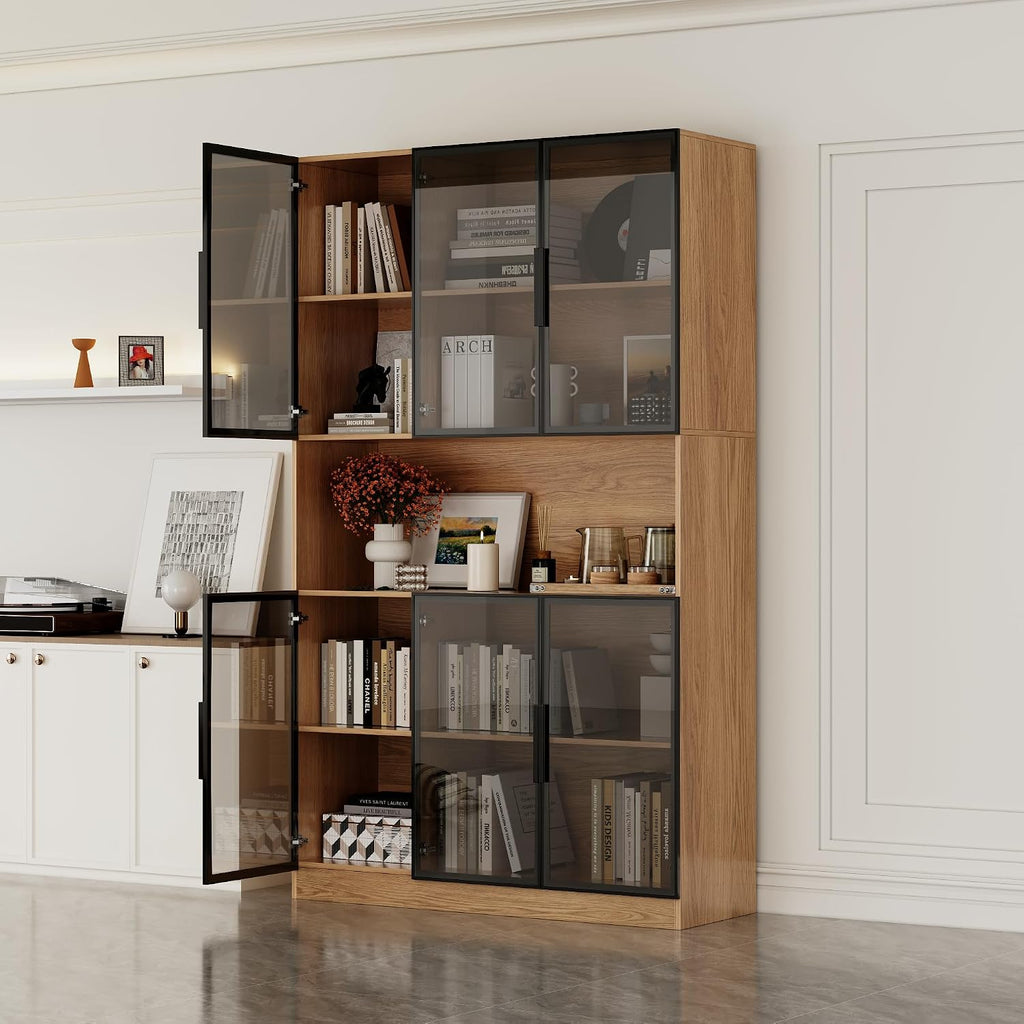 Mekminop Display Case Cabinet with Glass Doors and RGB Lights, Wooden Storage Cabinet with 5-Tier Shelves, Can be Used as Bookcases, Kitchen Pantry Cabinets, Walnut (47.2 'W x 16.5 'D x 78.7 'H)