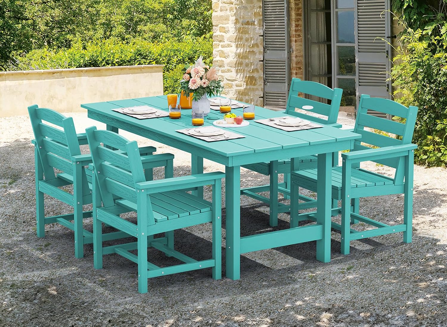 SERWALL Patio Table Set, 5-Piece Outdoor HDPE Furniture with Umbrella Hole, All Weather Dining Table and Chairs for Lawn, Garden, Poolside, Aruba