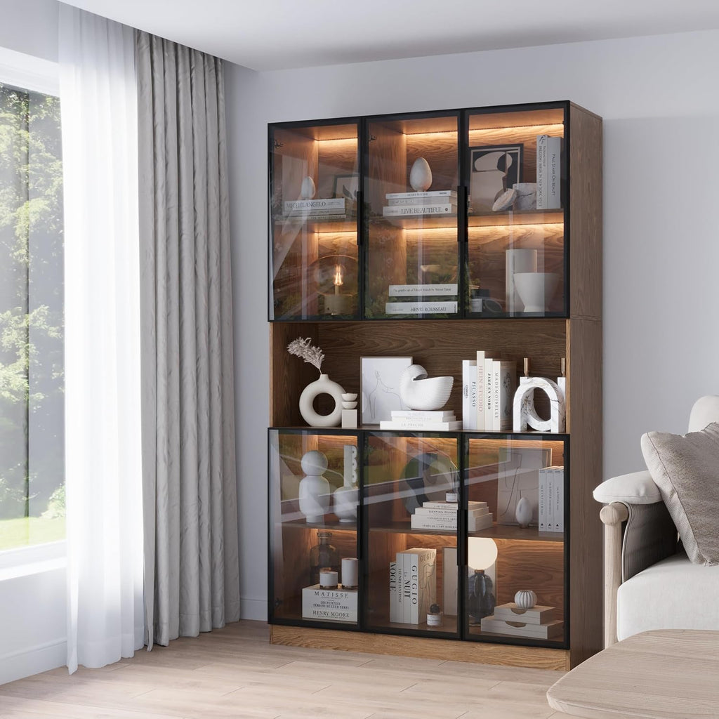 Mekminop Glass Doors Display Cabinet with Lights and Shelves, Storage Cabinets Morden Bookcase Trophy Case Display Cabinet with Hutch for Collectibles - Walnut (47.2 'W x 16.5 'D x 78.7 'H)