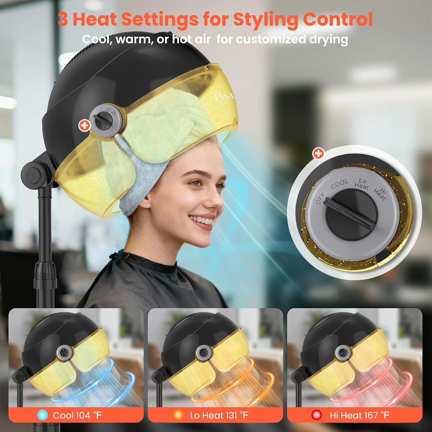 TASALON Gold Portable Hooded Hair Dryer for Home, Standing 1875w Ionic Hooded Dryer on Wheels with Hood, Professional Adjustable Height Sit Under Bonnet Dryer for Women and Beauty Salon
