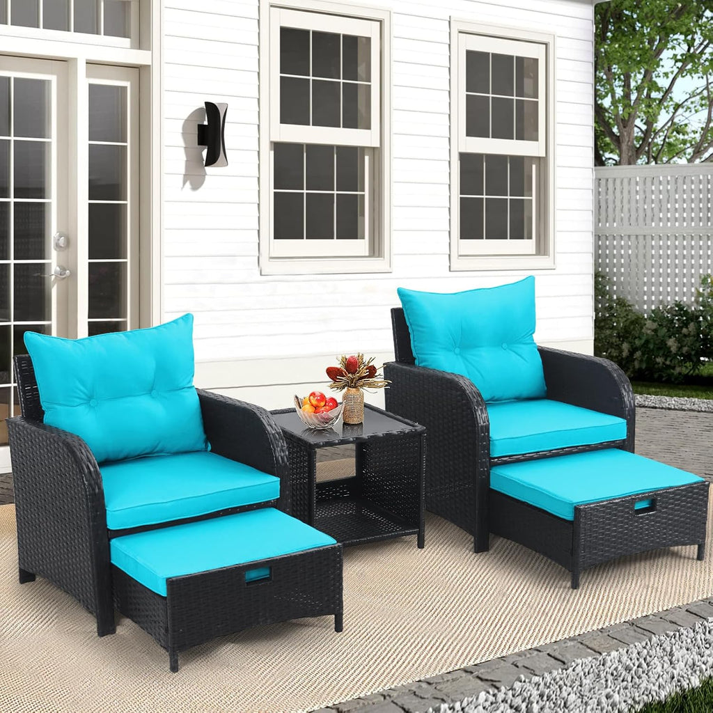5 Piece Outdoor Chairs with Ottoman Underneath, Wicker Patio Furniture Set with Ottomans, Outdoor Conversation Set Bistro Chairs for Patio Porch Backyard Balcony, Lakeblue